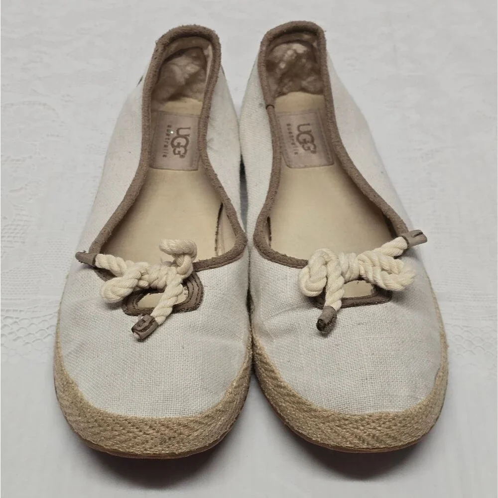 Ugg Syleste Woven Cream Canvas Espadrille Bow Tie Ballet Flats Size 8.5